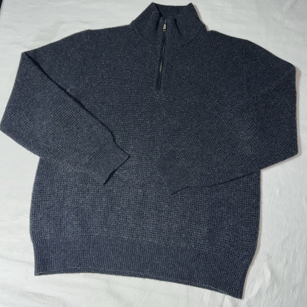Brioni Cashmere Sweater 56 Gray Heavy Knit Suede Trim 1/4 Zip Mock Neck Pullover